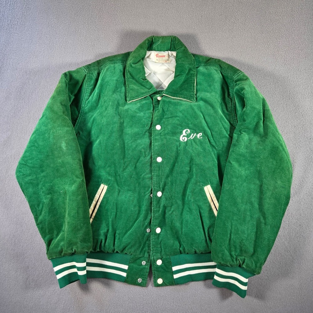 Vintage Rennoc Jacket Mens Large Green Corduroy Bomber Varsity Snap Insulated